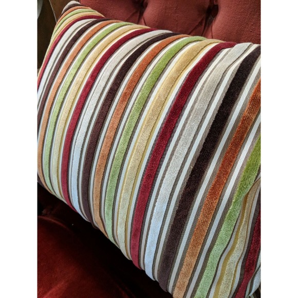 Pier 1 pillow striped velour 12 x 17 inches red green orange beige Like New - Picture 2 of 6